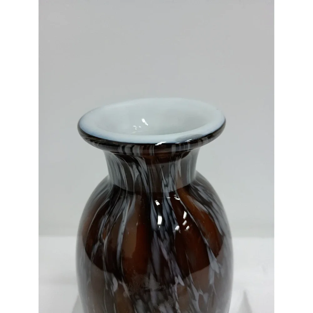 Vintage Art Glass Vase Hand Blown Tortoise Shell MCM Brown White Swirl 8.5